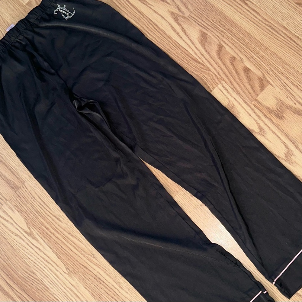Y2K Juicy Couture Women’s Medium Black/Pink Silky Pajama Lounge Pants Bling Logo
